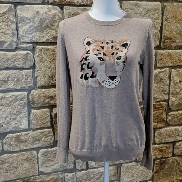 Old navy tan sweater size medium leopard head long sleeve - Picture 1 of 6